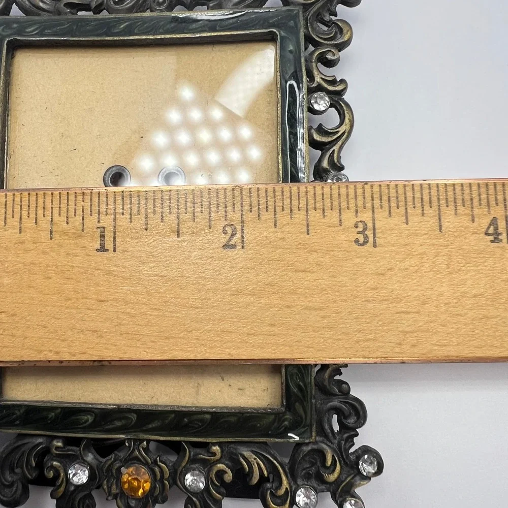 Ornate Bejeweled Frame Bronze Color 3.25 x 2.25 Vintage Green Enamel Baroque